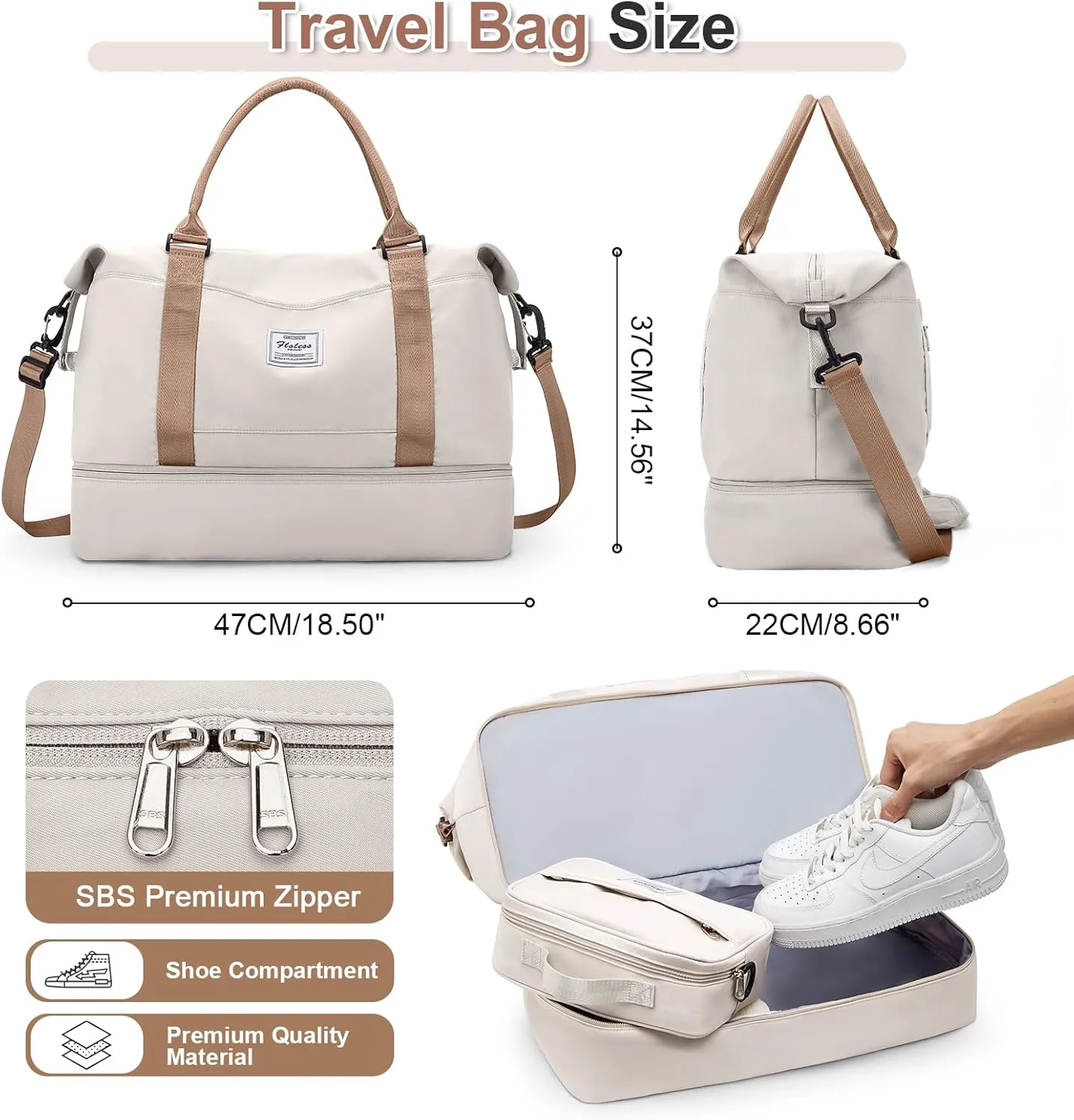 Weekender Bags for Women, Travel Duffel Bags with Shoe Compartment & Wet Pocket,Travel Bag for Airlines,Carry on Overnight Tote Bag for women with Toiletry Bag,3Pcs SetBeige & Brown