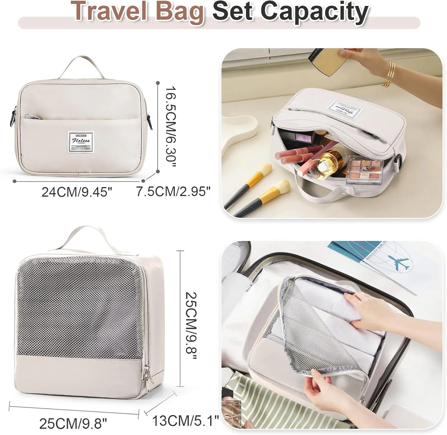 Weekender Bags for Women, Travel Duffel Bags with Shoe Compartment & Wet Pocket,Travel Bag for Airlines,Carry on Overnight Tote Bag for women with Toiletry Bag,3Pcs SetBeige & Brown