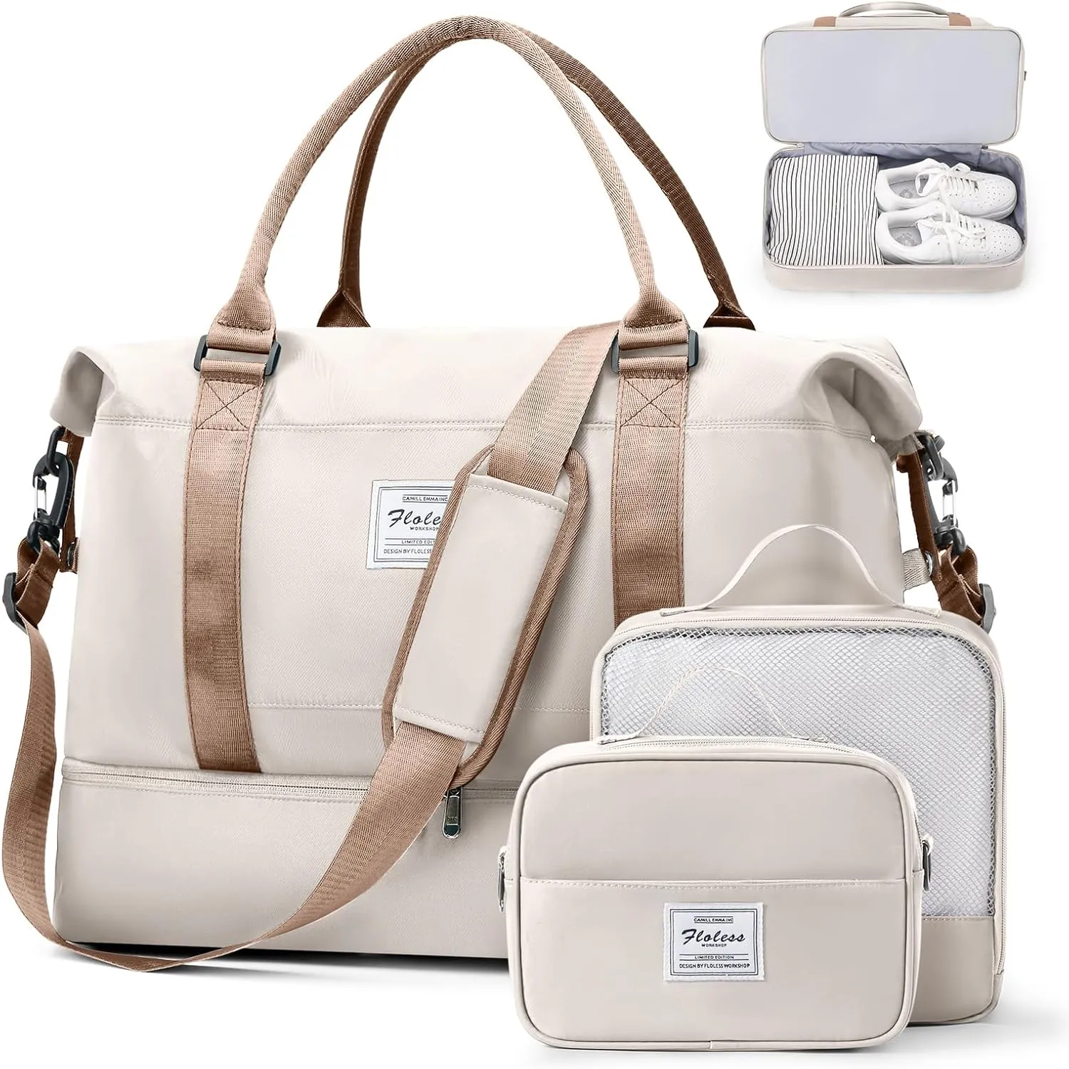 Weekender Bags for Women, Travel Duffel Bags with Shoe Compartment & Wet Pocket,Travel Bag for Airlines,Carry on Overnight Tote Bag for women with Toiletry Bag,3Pcs SetBeige & Brown