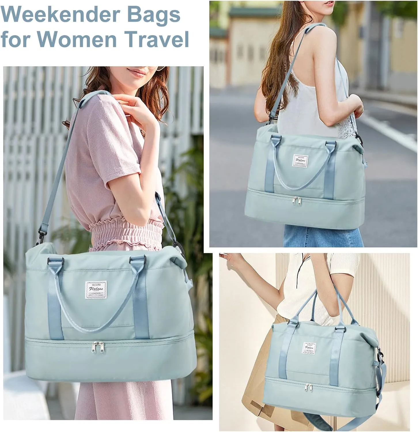 Weekender Bags for Women, Travel Duffel Bags with Shoe Compartment,Personal Item Travel Bag for Airlines, Carry on Overnight Tote Bag for women with Toiletry BagLight Blue
