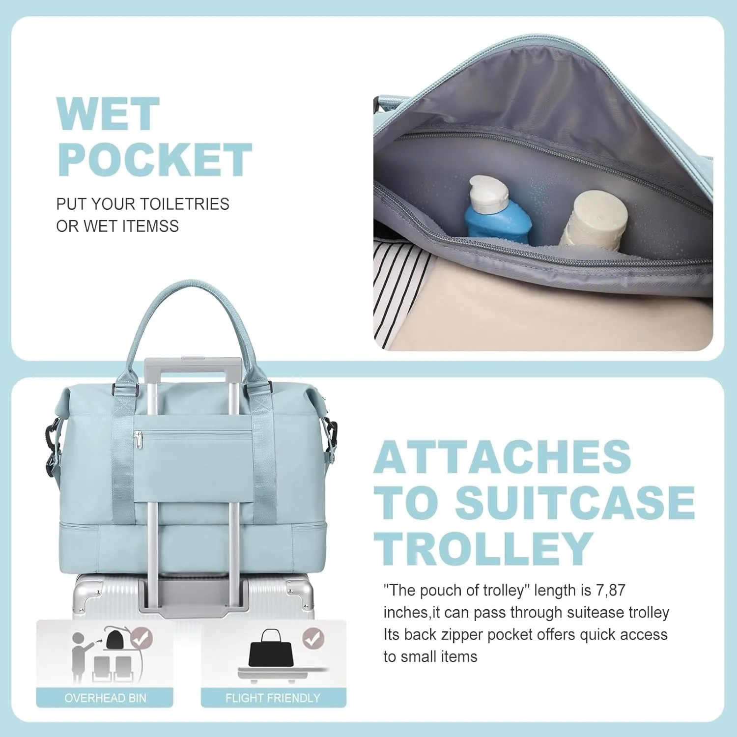 Weekender Bags for Women, Travel Duffel Bags with Shoe Compartment,Personal Item Travel Bag for Airlines, Carry on Overnight Tote Bag for women with Toiletry BagLight Blue