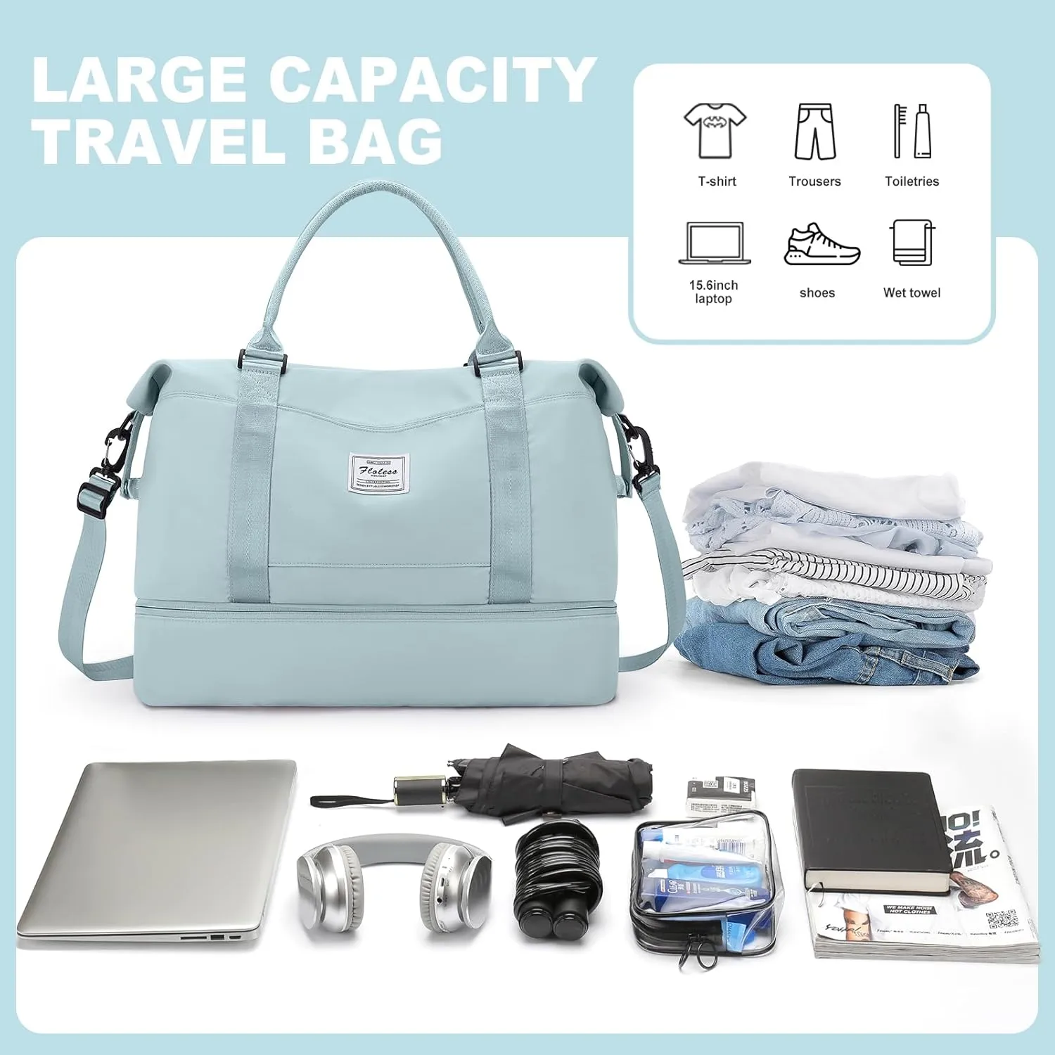 Weekender Bags for Women, Travel Duffel Bags with Shoe Compartment,Personal Item Travel Bag for Airlines, Carry on Overnight Tote Bag for women with Toiletry BagLight Blue