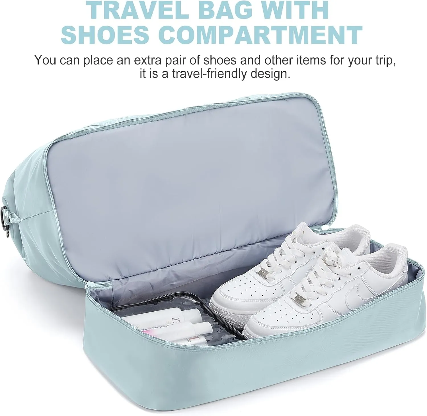 Weekender Bags for Women, Travel Duffel Bags with Shoe Compartment,Personal Item Travel Bag for Airlines, Carry on Overnight Tote Bag for women with Toiletry BagLight Blue