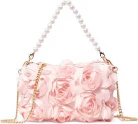 Women Clutches Purse, Chiffon 3D Floral Evening Handbag, Pearl Beaded Top Handle Bag for Wedding, Prom, Party