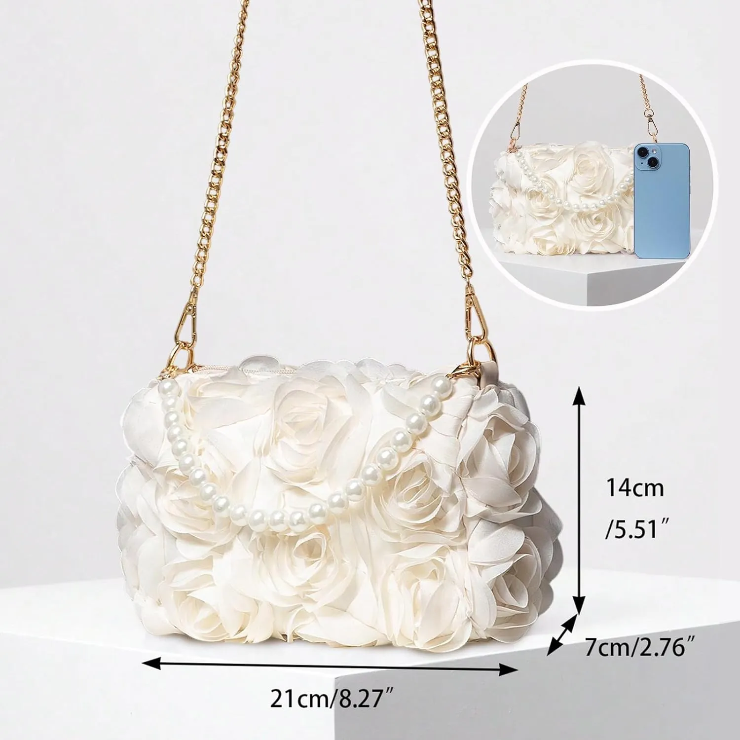 Women Clutches Purse, Chiffon 3D Floral Evening Handbag, Pearl Beaded Top Handle Bag for Wedding, Prom, Party