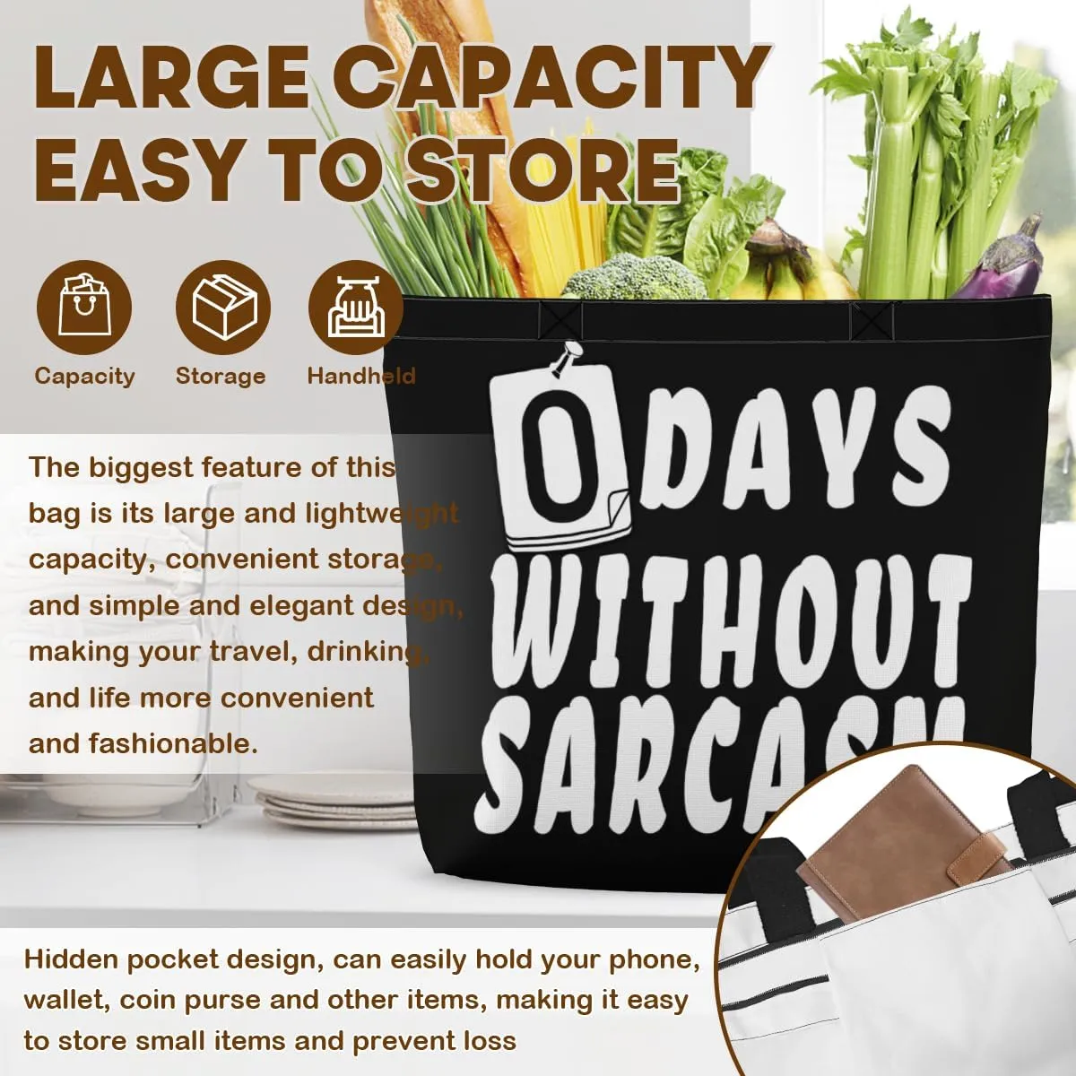 Women's Men Large Kitchen Reusable Grocery Bags Shoulder Bags With Zipper Beach Shopping Bag for Outdoors
