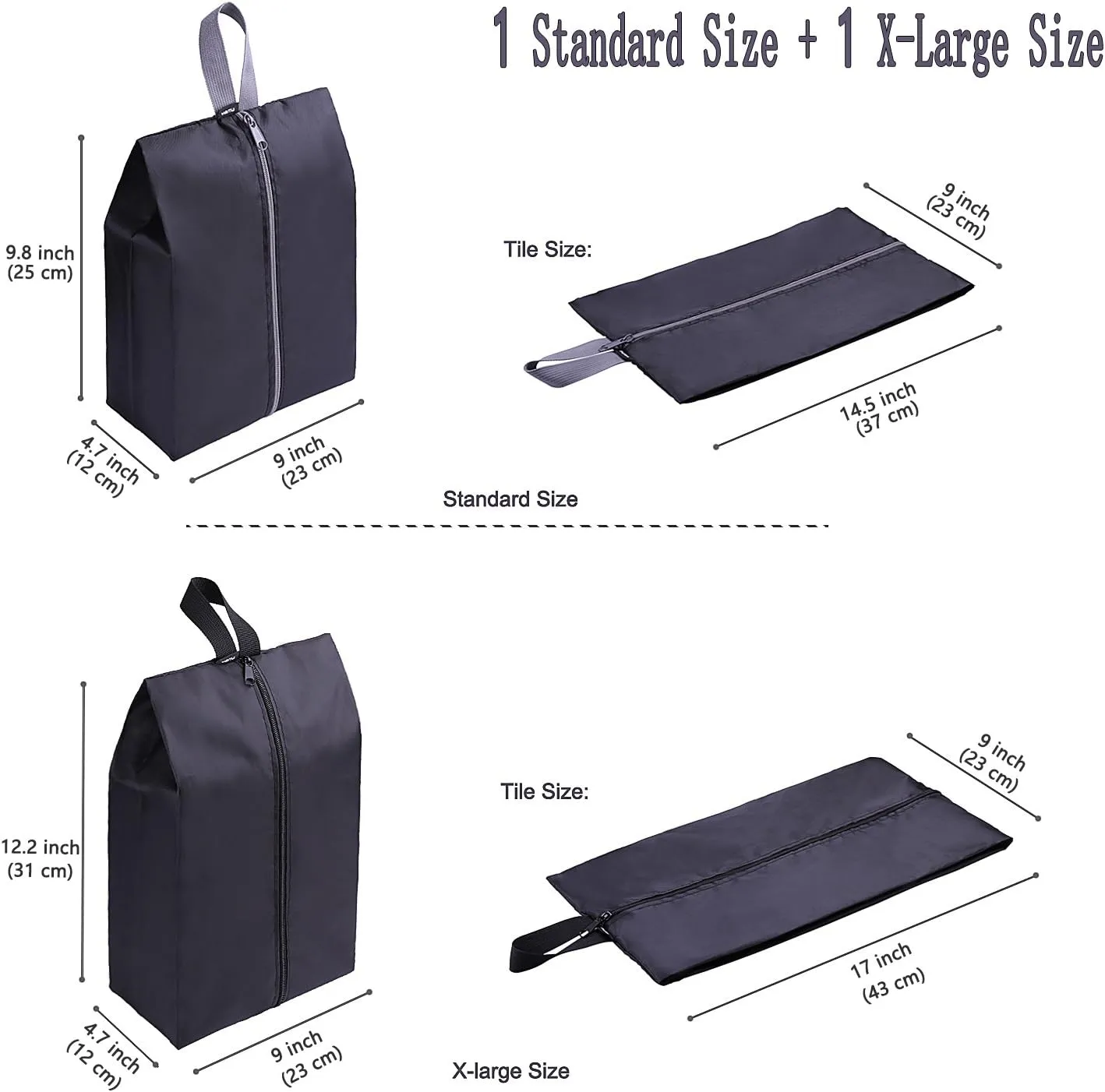 YAMIU Travel Shoe Bags Set of 2 Waterproof Nylon with Zipper for Men & Women (Black)