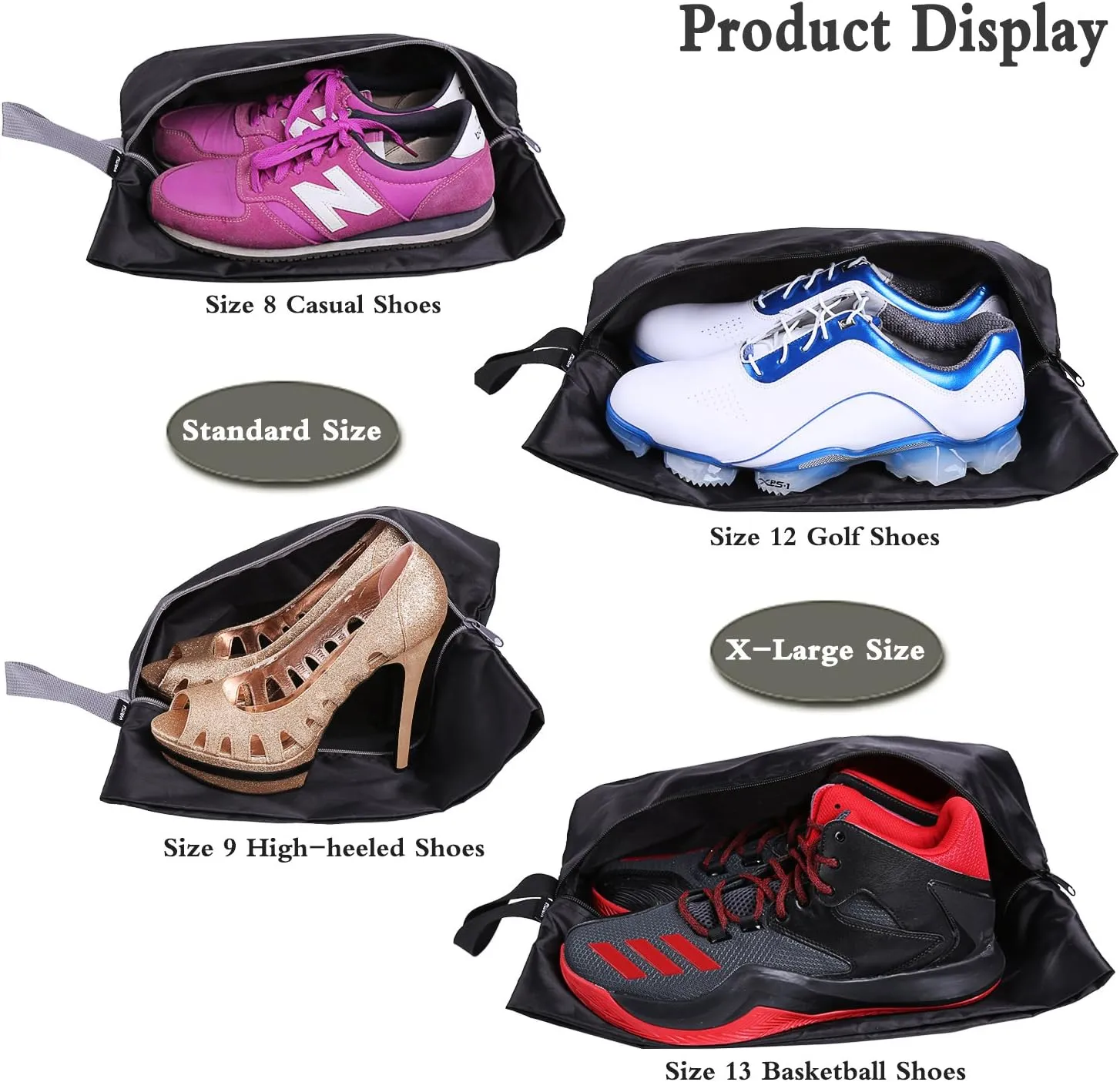 YAMIU Travel Shoe Bags Set of 2 Waterproof Nylon with Zipper for Men & Women (Black)