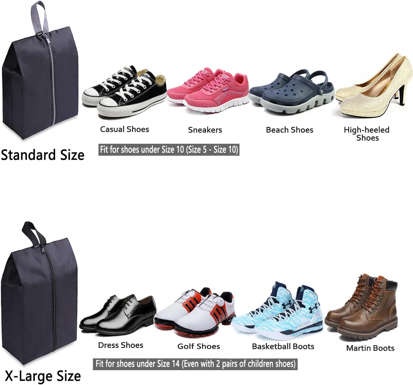 YAMIU Travel Shoe Bags Set of 2 Waterproof Nylon with Zipper for Men & Women (Black)