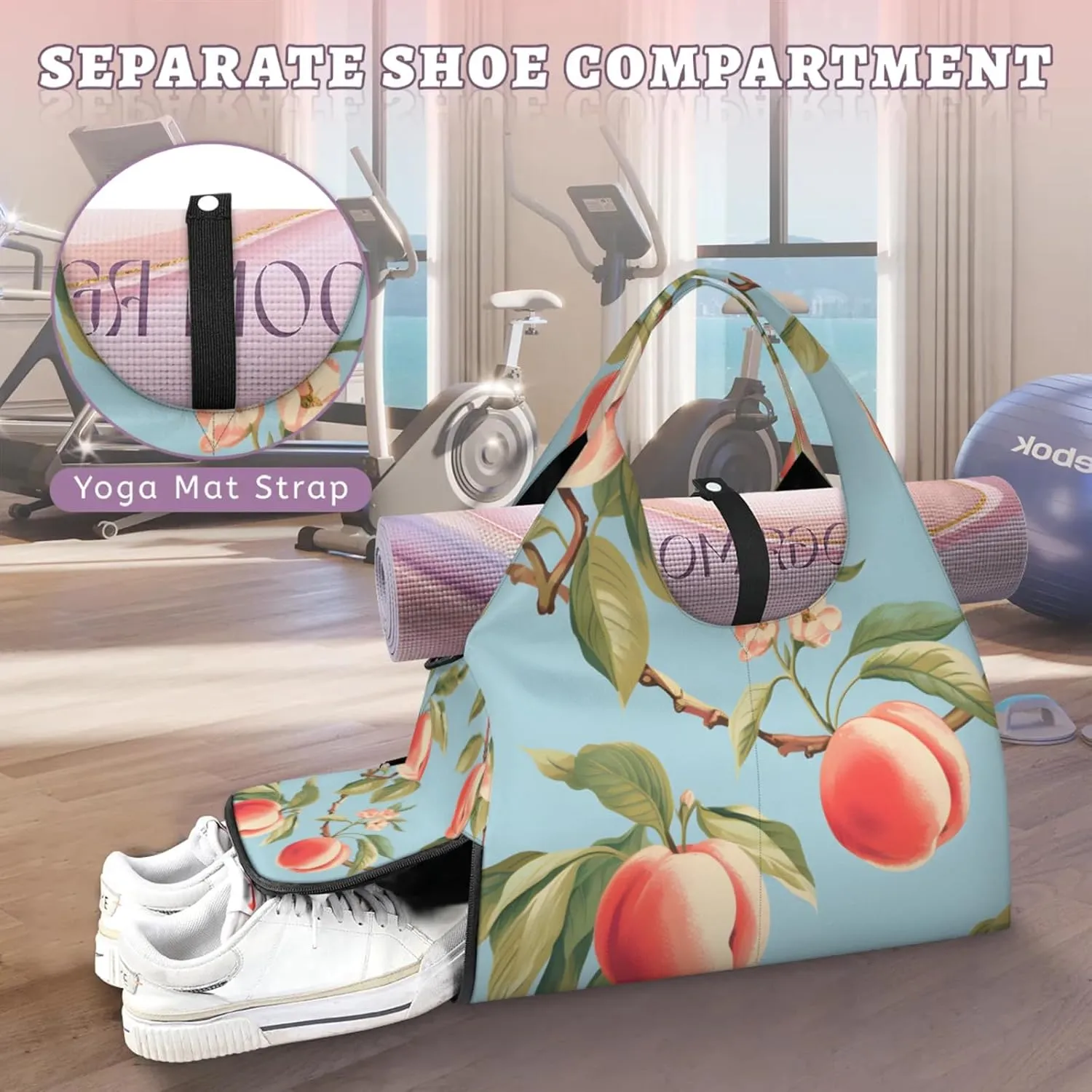 Yoga Tote Bag for Women Peach Tree Beach Bag with Shoe Storage & Yoga Mat Strap Waterproof Weekender Duffle Bag for Travel Fitness Weekend Trips
