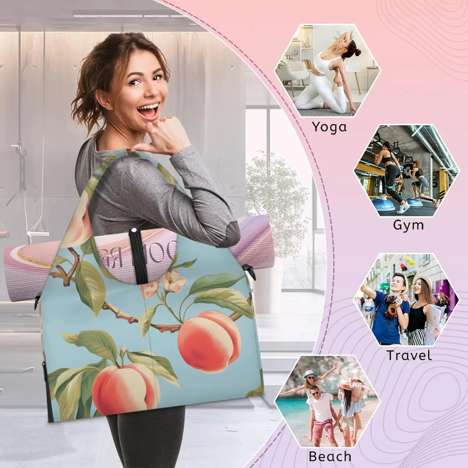 Yoga Tote Bag for Women Peach Tree Beach Bag with Shoe Storage & Yoga Mat Strap Waterproof Weekender Duffle Bag for Travel Fitness Weekend Trips
