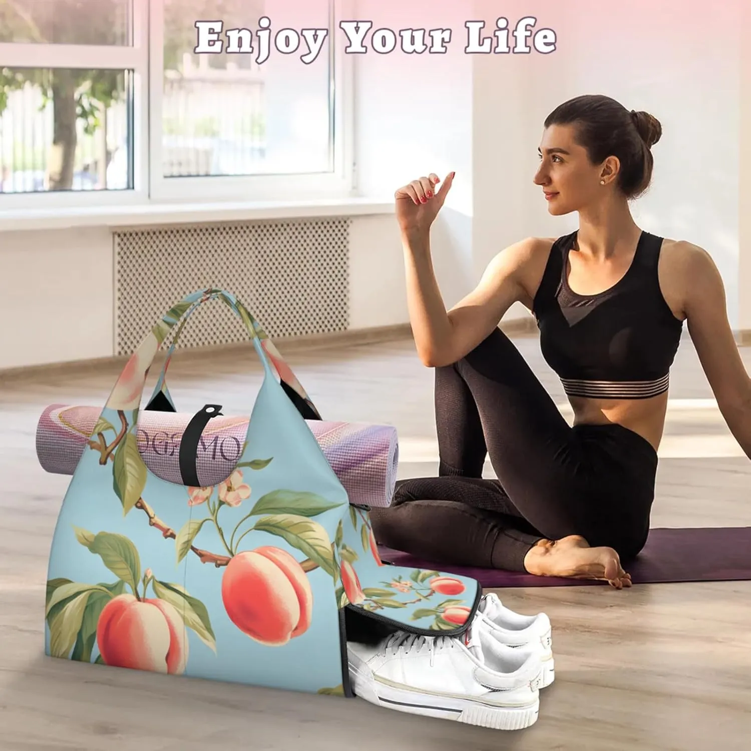 Yoga Tote Bag for Women Peach Tree Beach Bag with Shoe Storage & Yoga Mat Strap Waterproof Weekender Duffle Bag for Travel Fitness Weekend Trips